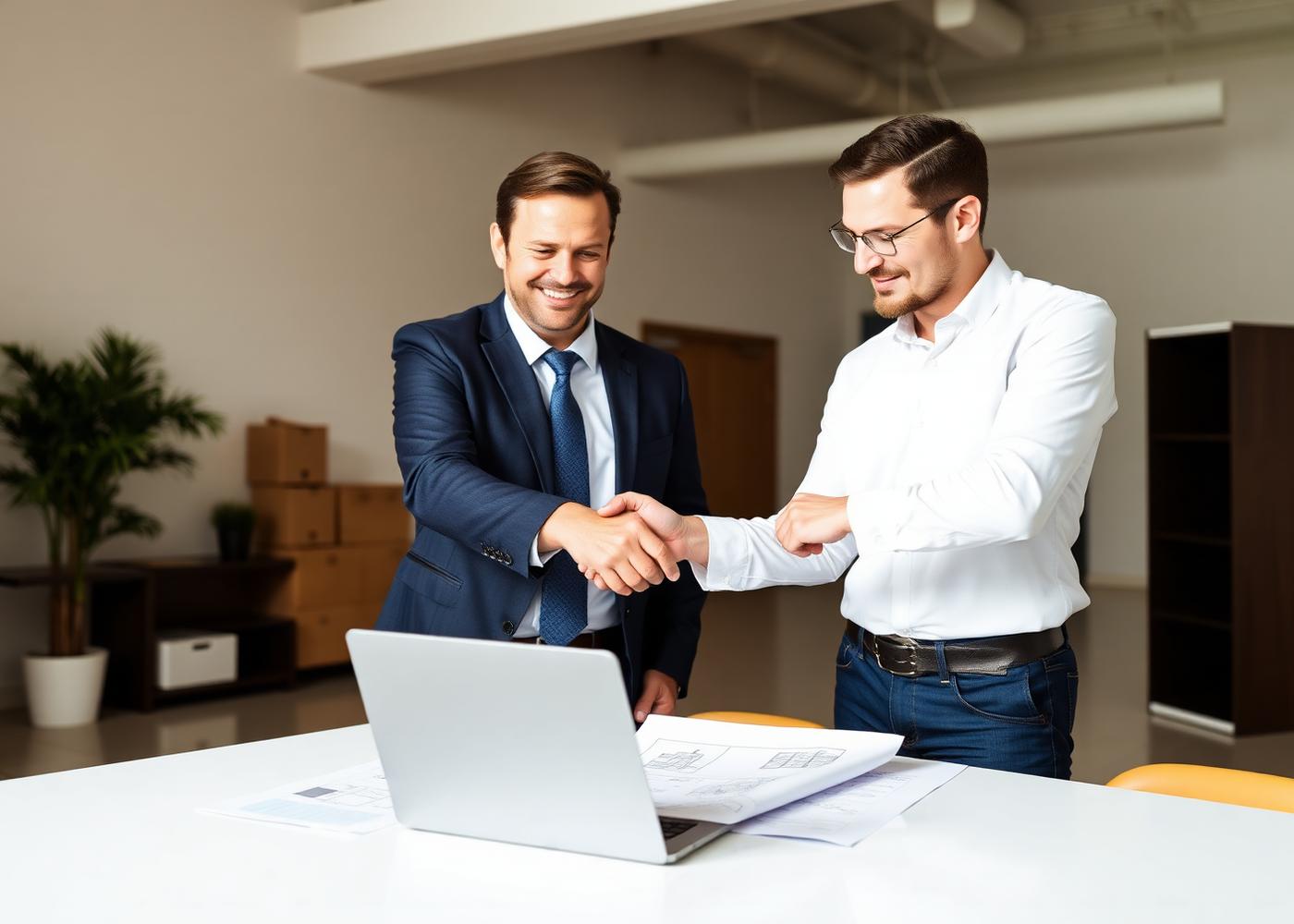 Two property brokers shaking hands over plans in an office