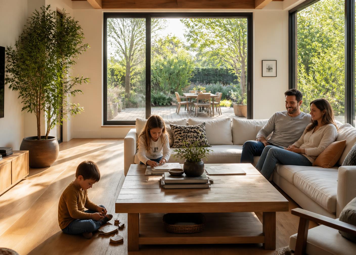 Family relaxing in a sunlit living room opening onto a green garden